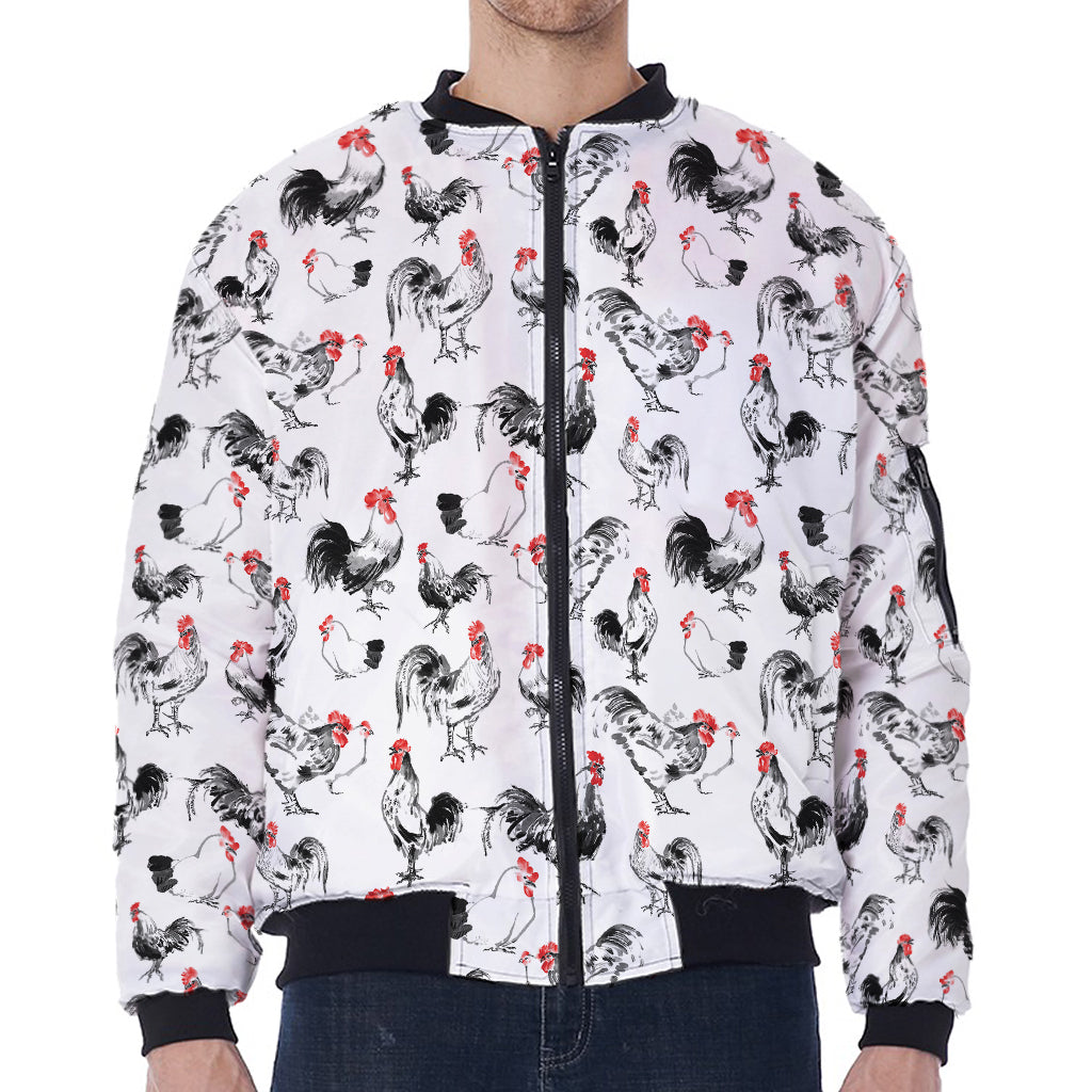 Chicken Ink Painting Pattern Print Zip Sleeve Bomber Jacket