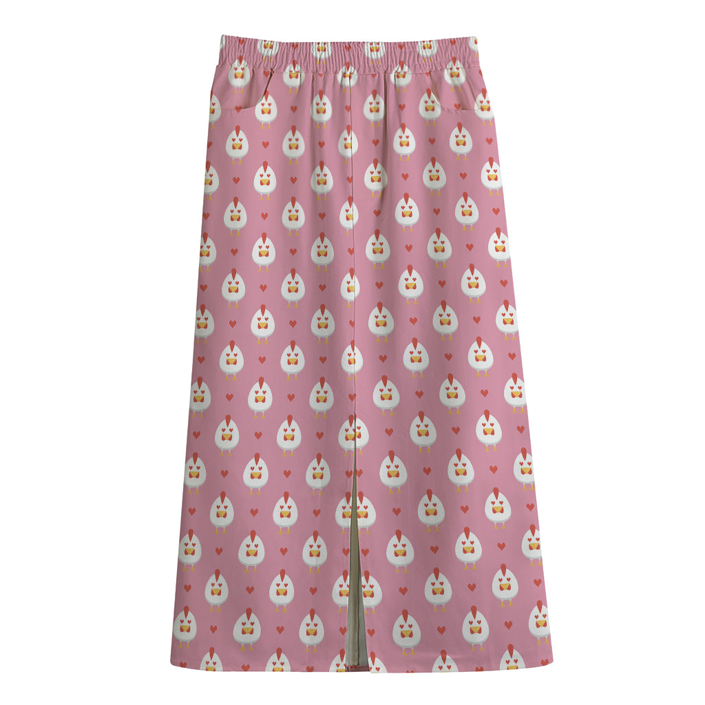 Chicken Love Emoji Pattern Print Cotton Front Slit Maxi Skirt