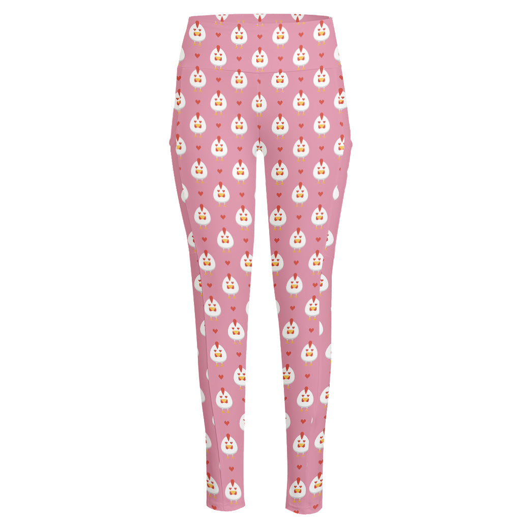 Chicken Love Emoji Pattern Print High-Waisted Pocket Leggings