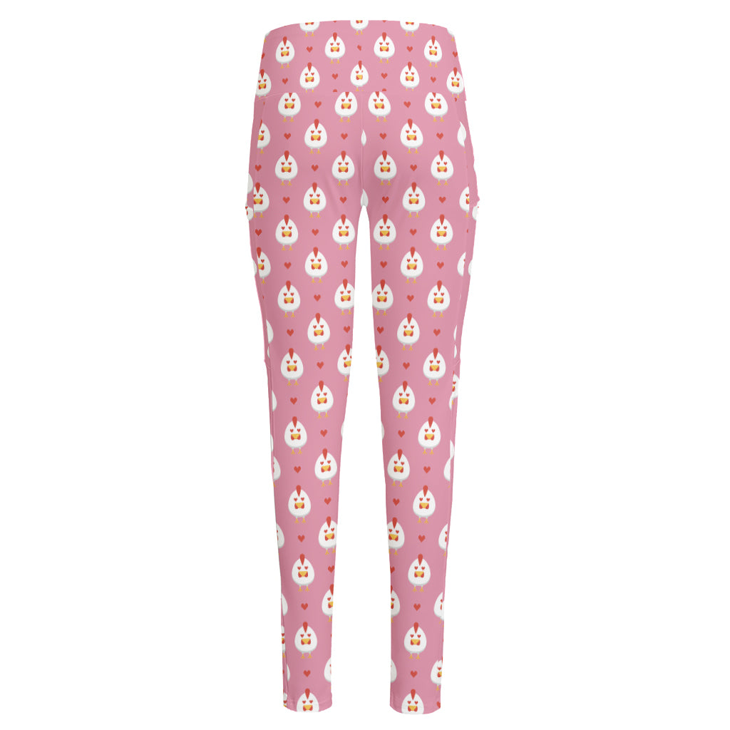 Chicken Love Emoji Pattern Print High-Waisted Pocket Leggings