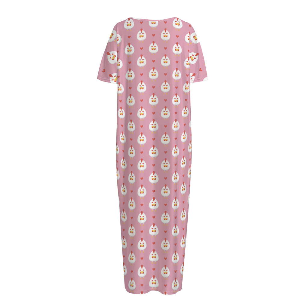 Chicken Love Emoji Pattern Print Short Sleeve Long Nightdress