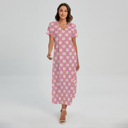 Chicken Love Emoji Pattern Print Short Sleeve Maxi Dress