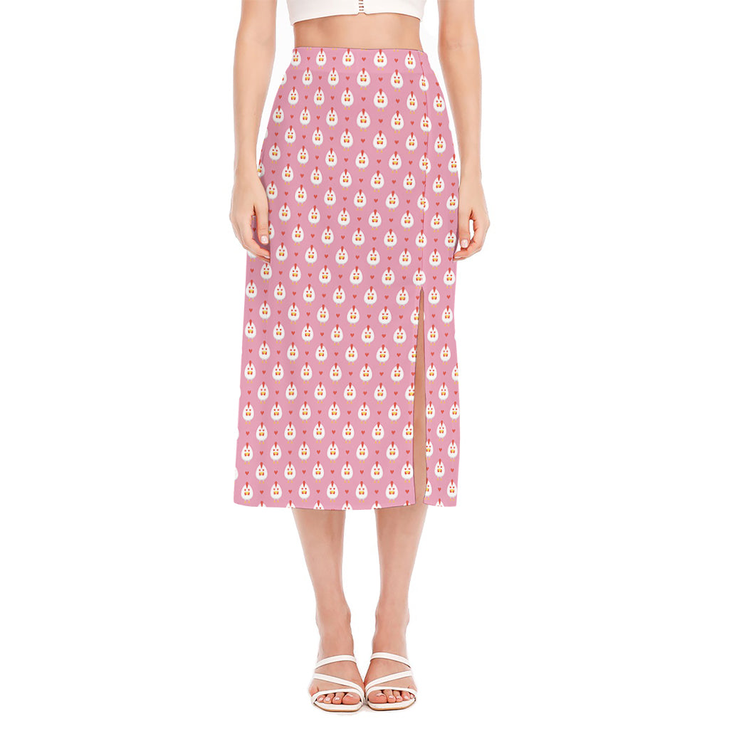 Chicken Love Emoji Pattern Print Side Slit Midi Skirt