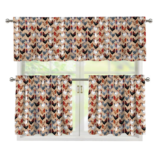 Chicken Painting Pattern Print 3 Piece Kitchen Curtains