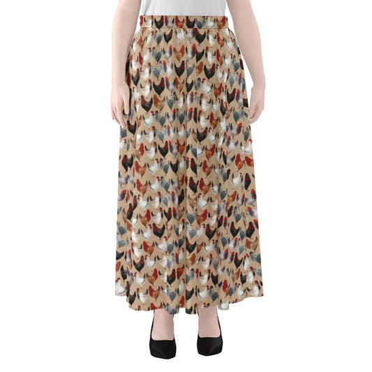 Chicken Painting Pattern Print Chiffon Maxi Skirt