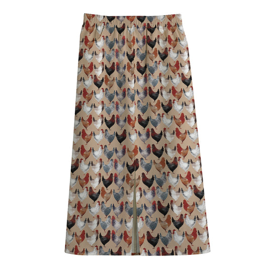 Chicken Painting Pattern Print Cotton Front Slit Maxi Skirt