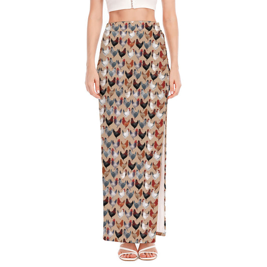 Chicken Painting Pattern Print High Slit Maxi Skirt