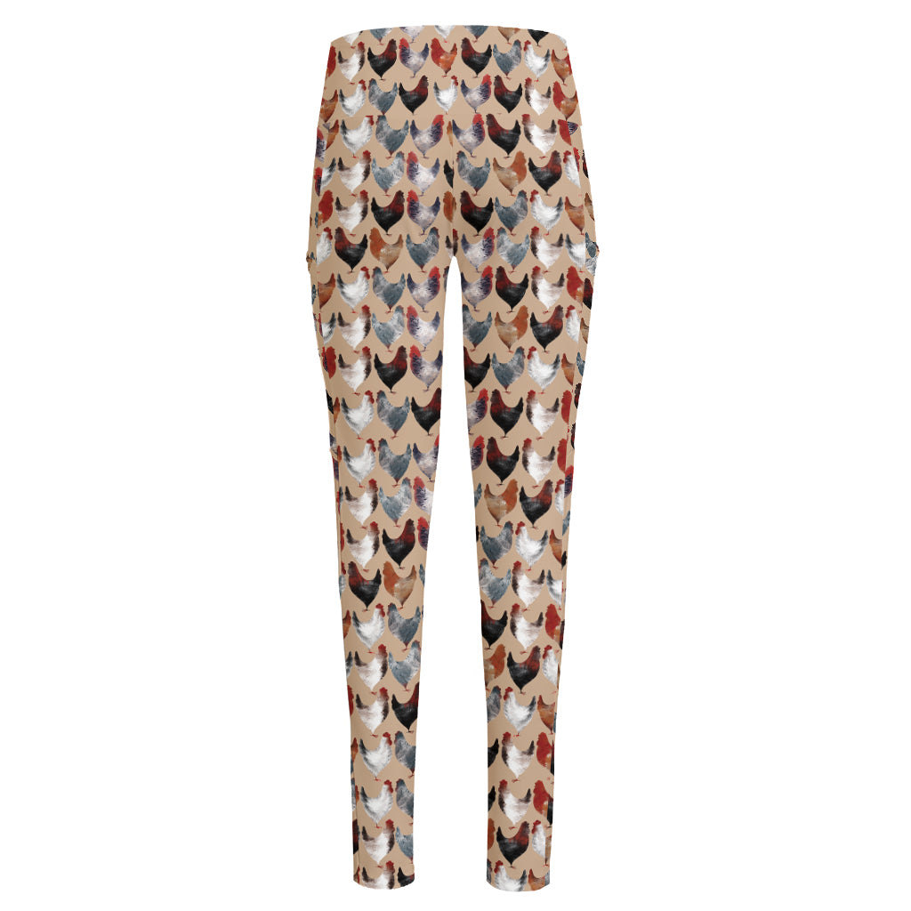 Chicken Painting Pattern Print High-Waisted Pocket Leggings