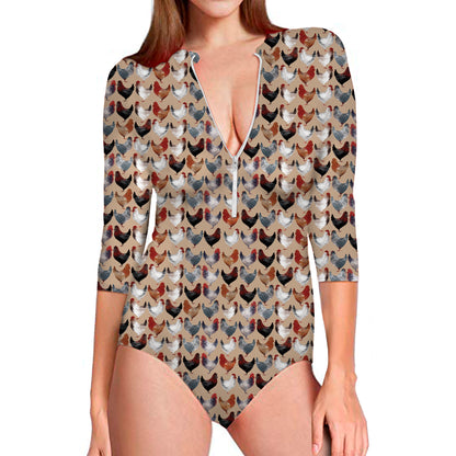 Chicken Painting Pattern Print Long Sleeve Swimsuit