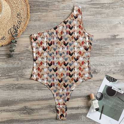 Chicken Painting Pattern Print One Shoulder Bodysuit