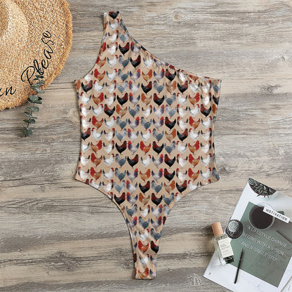 Chicken Painting Pattern Print One Shoulder Bodysuit