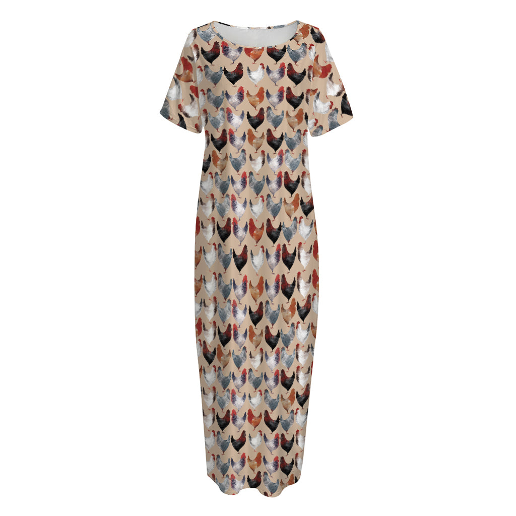 Chicken Painting Pattern Print Short Sleeve Long Nightdress