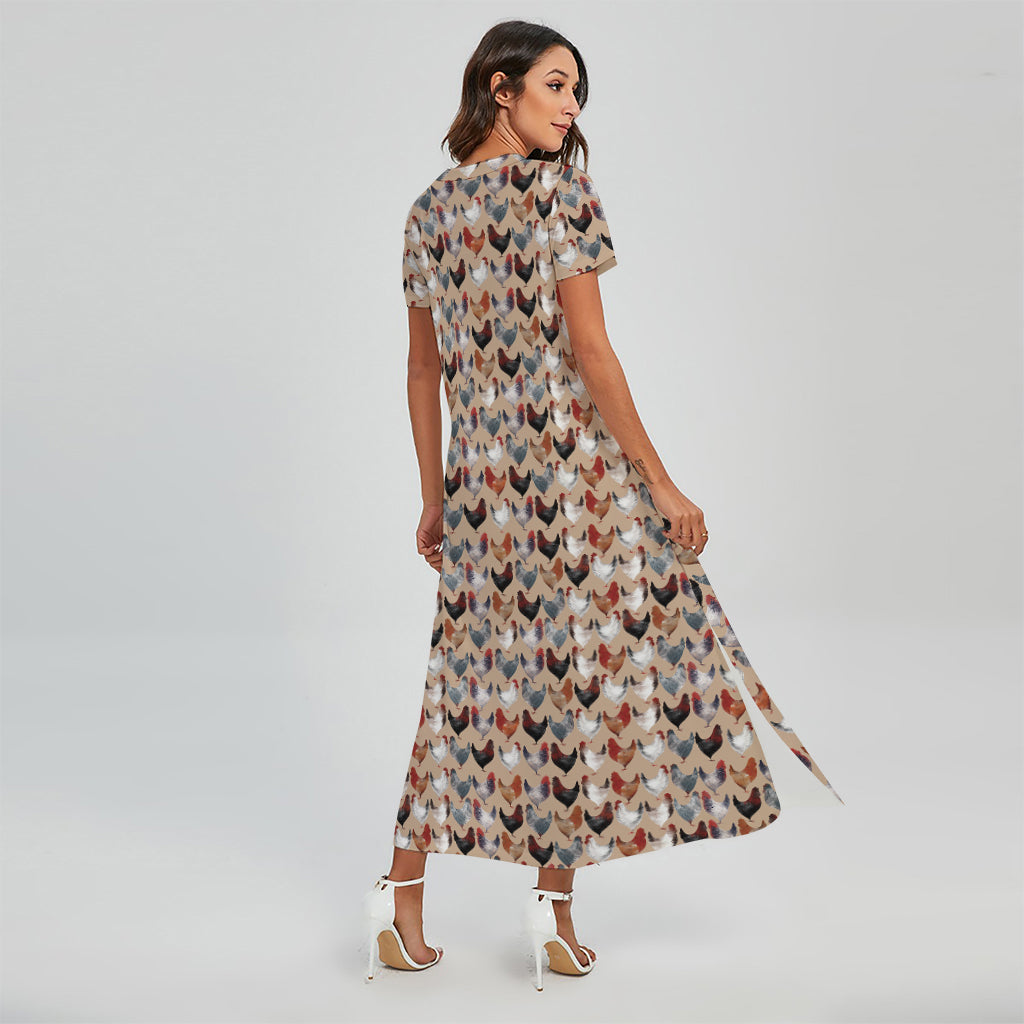 Chicken Painting Pattern Print Short Sleeve Maxi Dress