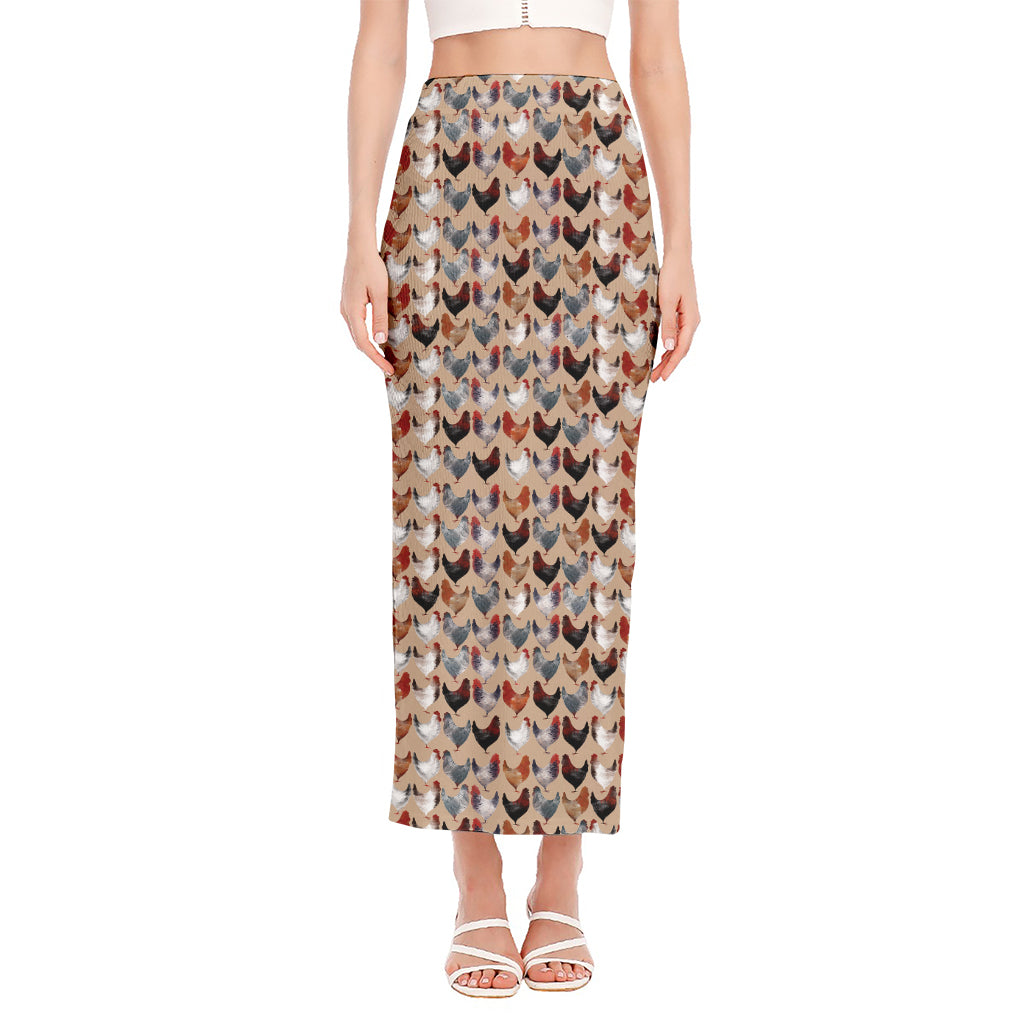 Chicken Painting Pattern Print Side Slit Maxi Skirt