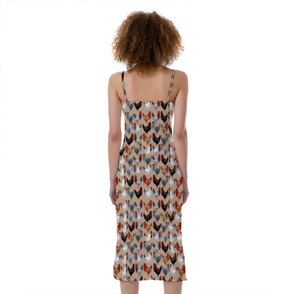Chicken Painting Pattern Print Slim Fit Midi Cami Dress
