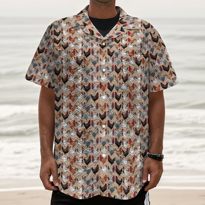 Chicken Painting Pattern Print Textured Short Sleeve Shirt