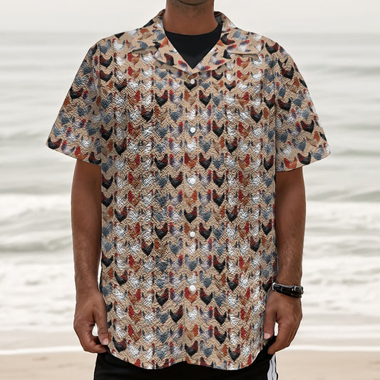 Chicken Painting Pattern Print Textured Short Sleeve Shirt