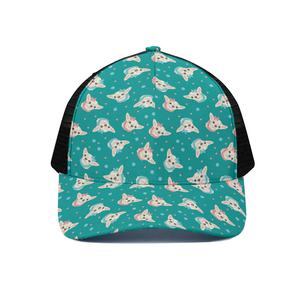 Chihuahua Puppy Pattern Print Black Mesh Trucker Cap