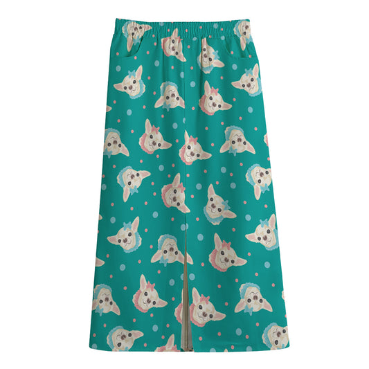 Chihuahua Puppy Pattern Print Cotton Front Slit Maxi Skirt