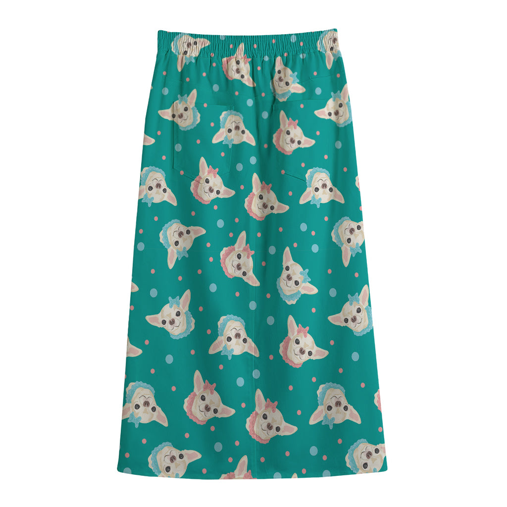 Chihuahua Puppy Pattern Print Cotton Front Slit Maxi Skirt
