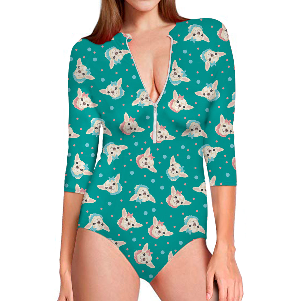 Chihuahua Puppy Pattern Print Long Sleeve Swimsuit