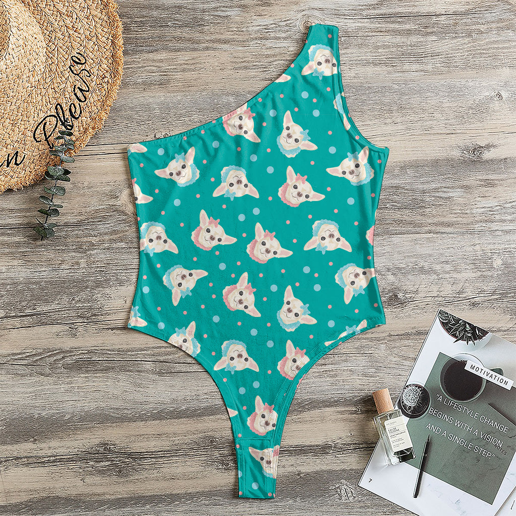 Chihuahua Puppy Pattern Print One Shoulder Bodysuit