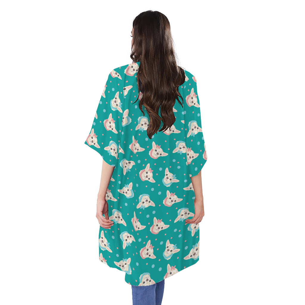 Chihuahua Puppy Pattern Print Open Front Beach Cover Up