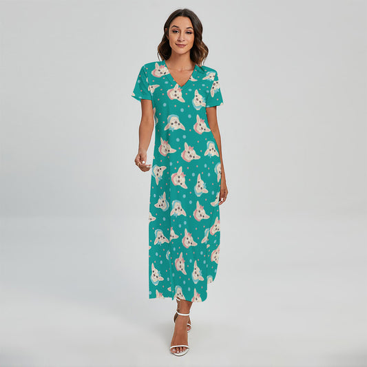 Chihuahua Puppy Pattern Print Short Sleeve Maxi Dress