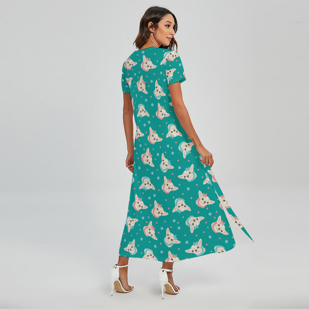 Chihuahua Puppy Pattern Print Short Sleeve Maxi Dress