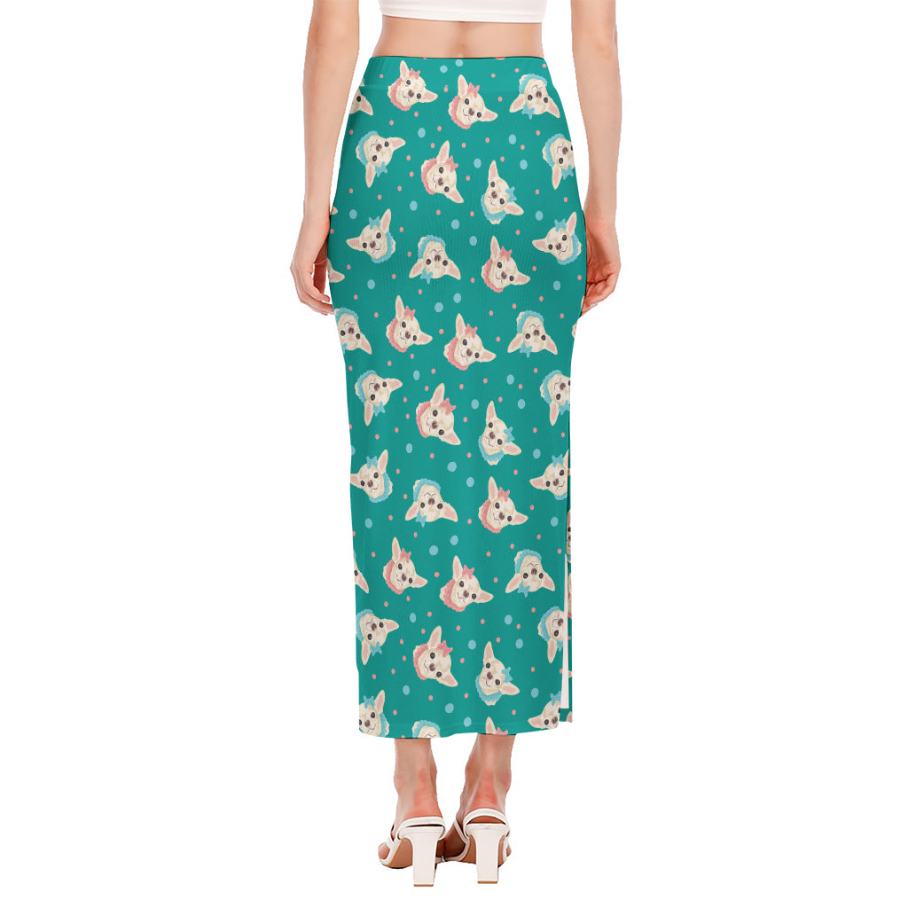 Chihuahua Puppy Pattern Print Side Slit Maxi Skirt