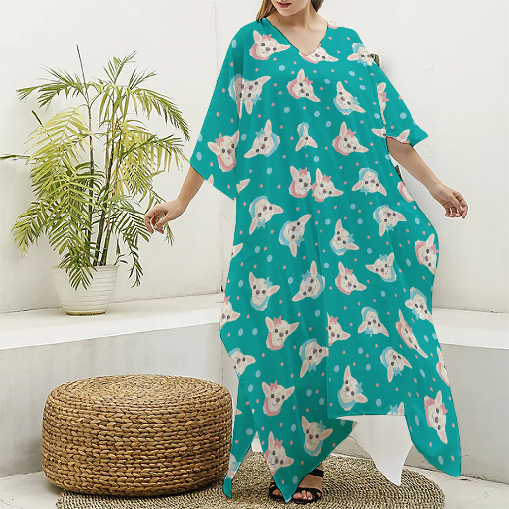 Chihuahua Puppy Pattern Print Silk V-Neck Kaftan Dress