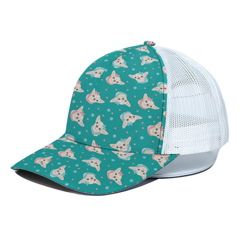 Chihuahua Puppy Pattern Print White Mesh Trucker Cap