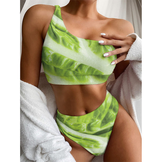 Chinese Cabbage Leaf Print One Shoulder Bikini Top