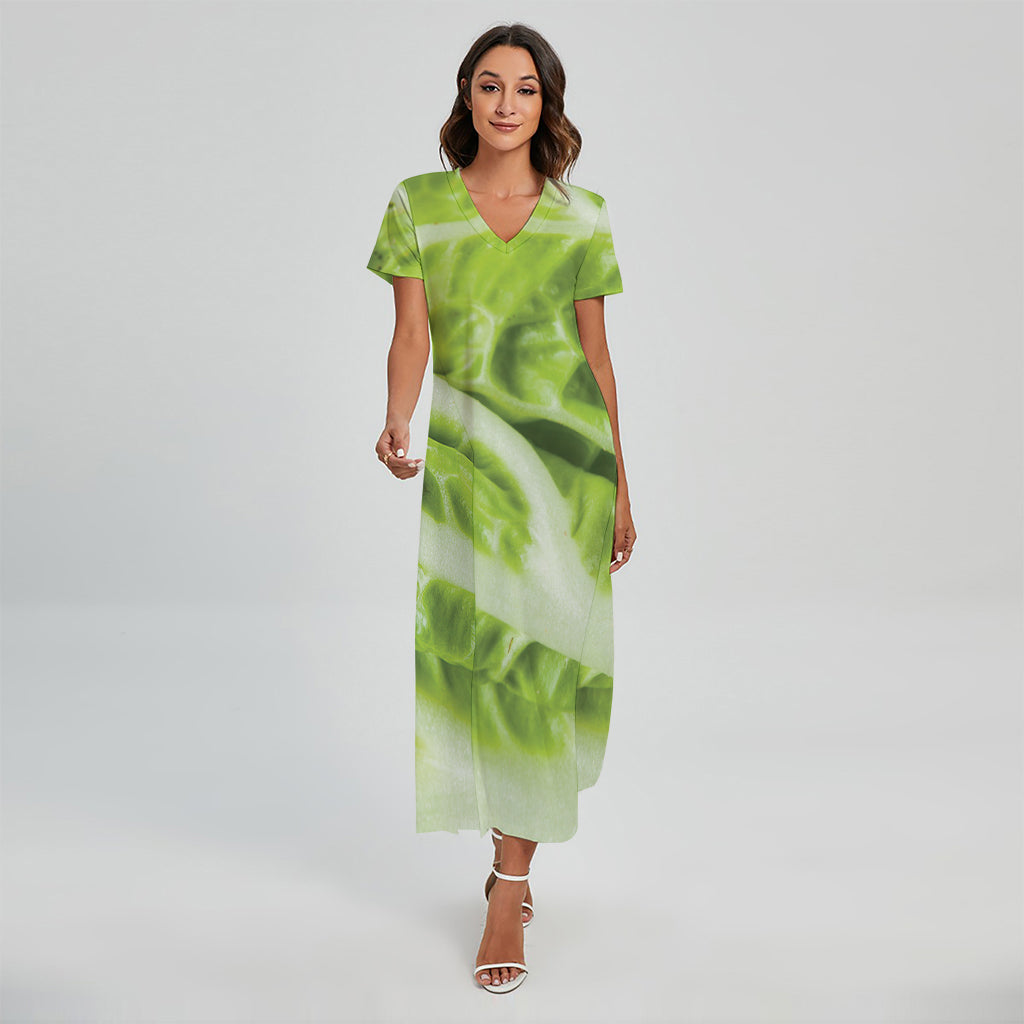 Chinese Cabbage Leaf Print Short Sleeve Maxi Dress
