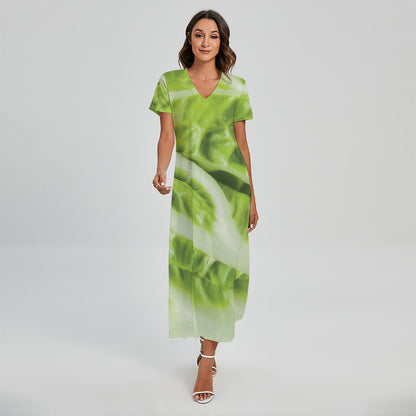 Chinese Cabbage Leaf Print Short Sleeve Maxi Dress