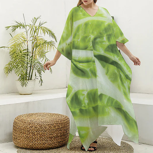 Chinese Cabbage Leaf Print Silk V-Neck Kaftan Dress