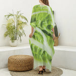 Chinese Cabbage Leaf Print Silk V-Neck Kaftan Dress