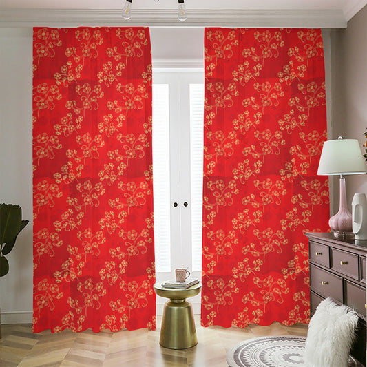 Chinese Cherry Blossom Pattern Print Blackout Pencil Pleat Curtains
