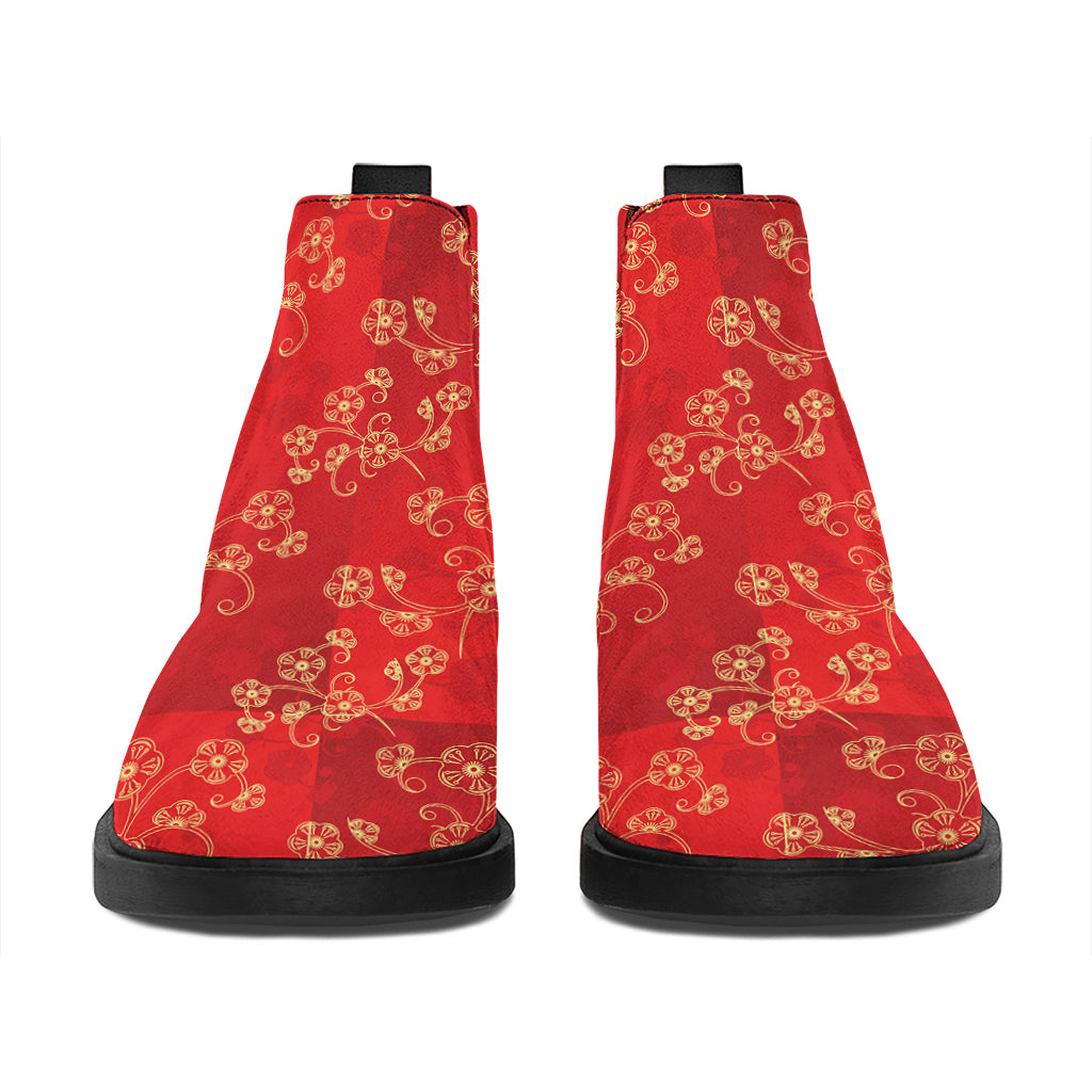 Chinese Cherry Blossom Pattern Print Flat Ankle Boots