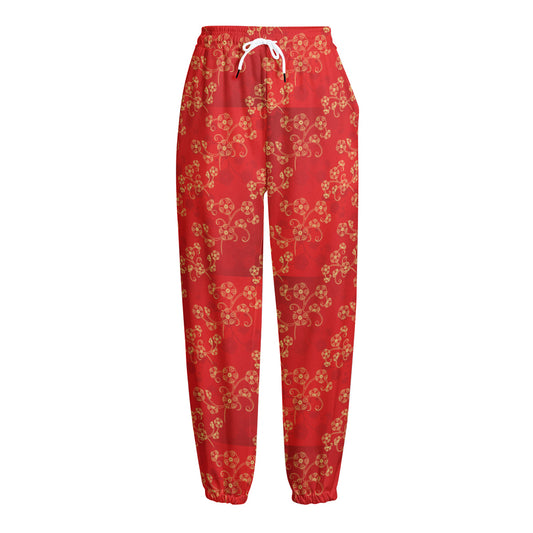 Chinese Cherry Blossom Pattern Print Fleece Lined Knit Pants