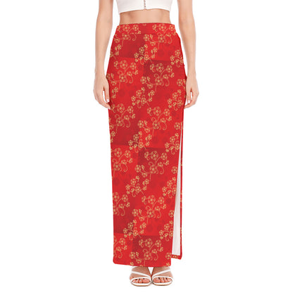 Chinese Cherry Blossom Pattern Print High Slit Maxi Skirt
