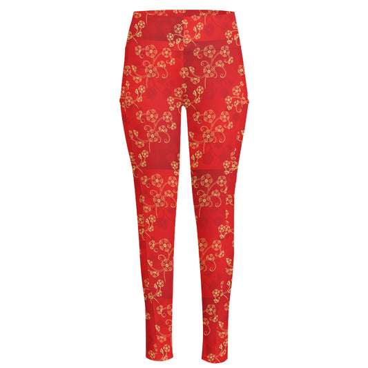 Chinese Cherry Blossom Pattern Print High-Waisted Pocket Leggings