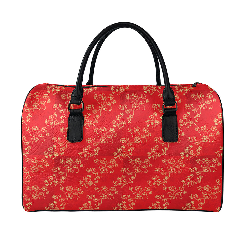 Chinese Cherry Blossom Pattern Print Leather Duffle Bag