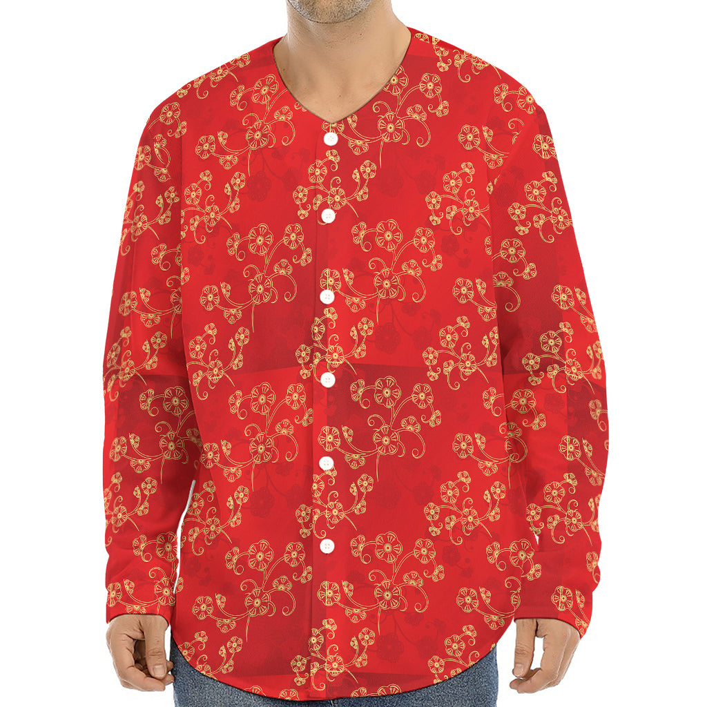 Chinese Cherry Blossom Pattern Print Long Sleeve Baseball Jersey