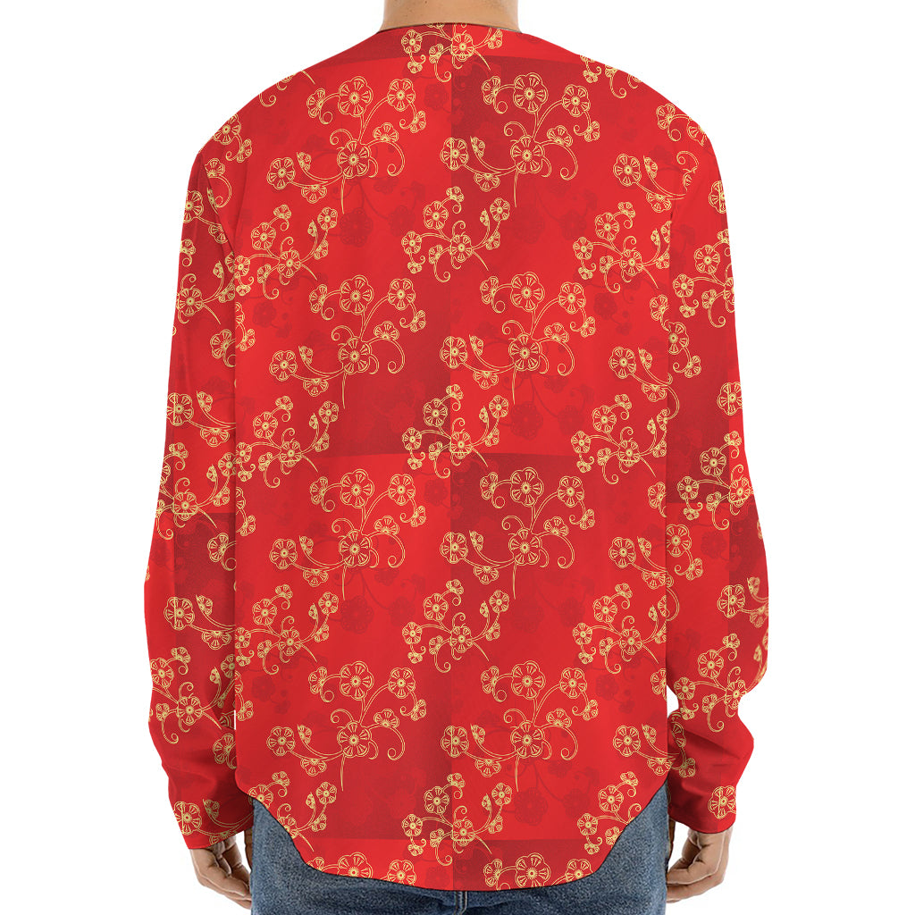 Chinese Cherry Blossom Pattern Print Long Sleeve Baseball Jersey