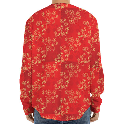 Chinese Cherry Blossom Pattern Print Long Sleeve Baseball Jersey