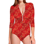 Chinese Cherry Blossom Pattern Print Long Sleeve Swimsuit
