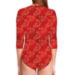 Chinese Cherry Blossom Pattern Print Long Sleeve Swimsuit