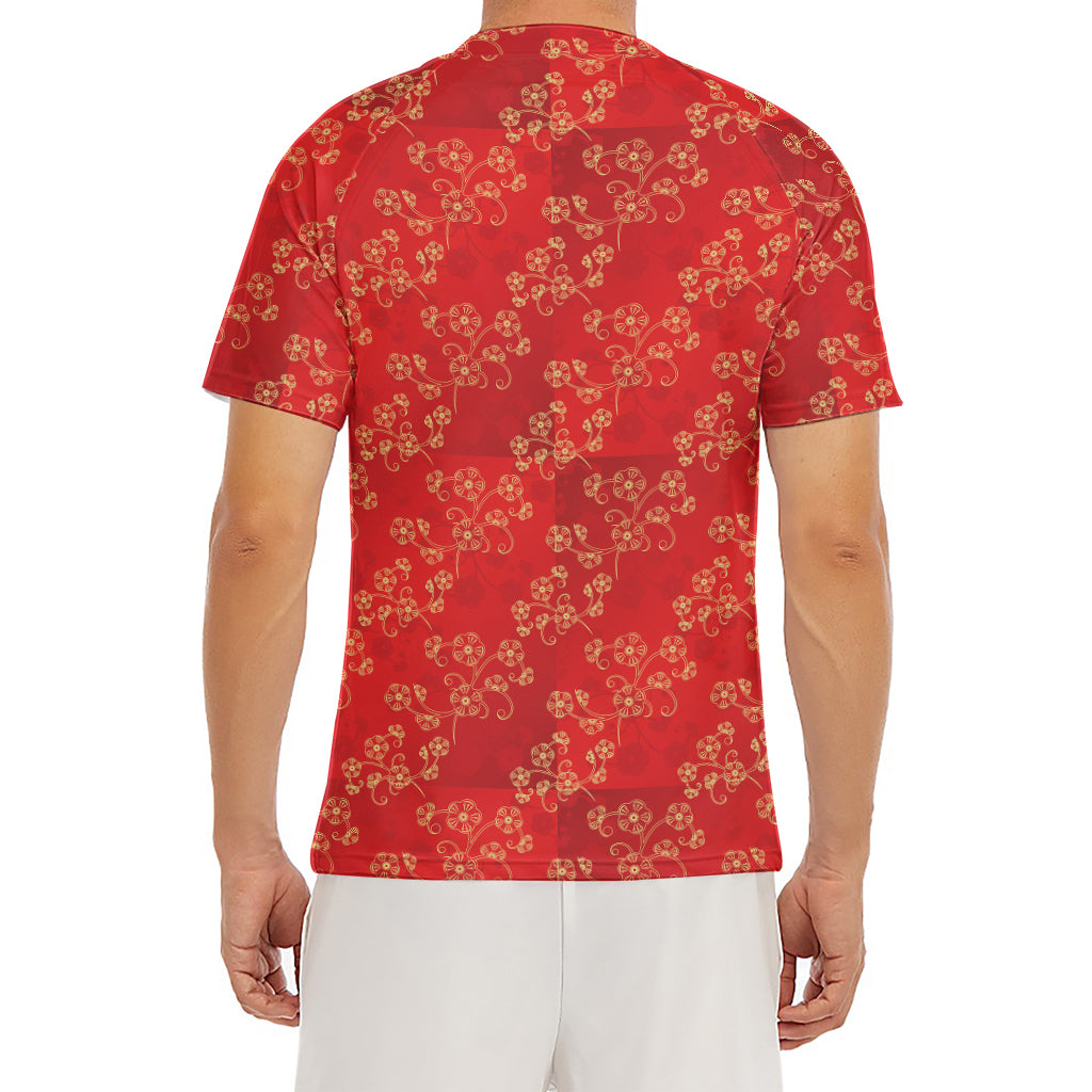Chinese Cherry Blossom Pattern Print Men's Short Sleeve Rash Guard