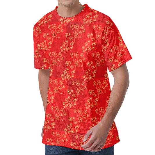 Chinese Cherry Blossom Pattern Print Men's Velvet T-Shirt